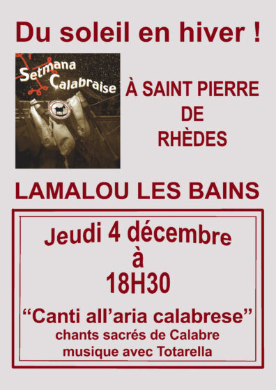 Soirée Calabraise Jeudi 04 Décembre 18h30 – Église St Pierre de Rhèdes