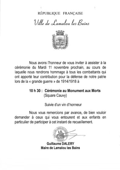 Cérémonie aux Monuments aux Morts – Mardi 11 Novembre 10h30