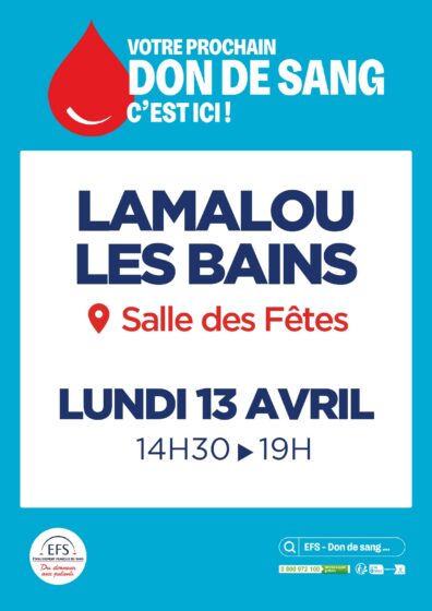 Don du Sang – Lundi 13 Avril de 14h30 à 19h