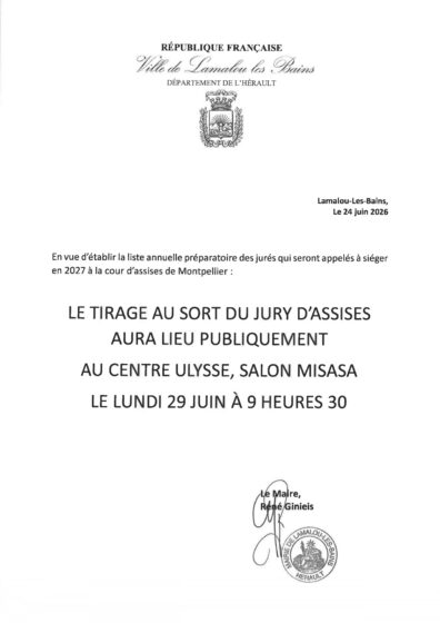 Tirage au Sort du Jury d&rsquo;Assises – Lundi 29 Juin 9h30