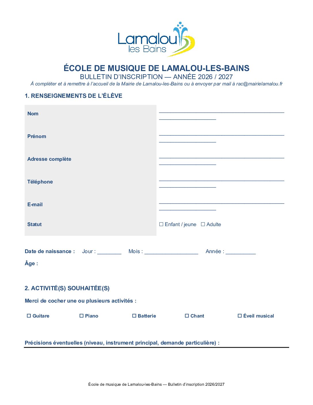 Bulletin d&rsquo;Inscription École de Musique 2026 – 2027